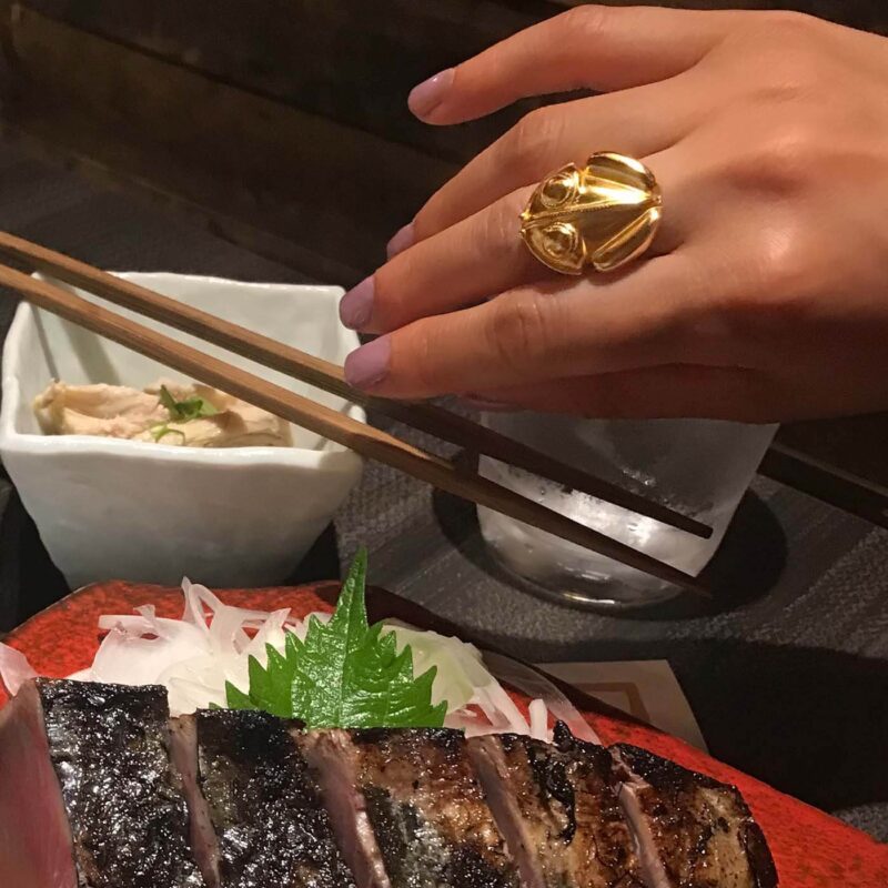 atteza rana gold ring at sushi restaurant